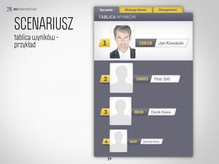 Scenariusz
          2
                                                                       Gracz zaawansowany

              Dariusz, jestem Konsultantem Sprzedaży. Pracuję tu już 1,5 roku. Jestem już na 90
              piętrze! Mam mahoniowe biurko i poooowalający widok za oknem… 
              
              Sztuczne kwiaty na biurku już dawno zamieniłem na drzewko bonsai, a w recepcji
              moje nazwisko widnieje na coraz wyższym piętrze. Mam sporo followersów, ja sam
              obserwuję kilka osób, które są dobre w tym co robią. Najlepsi mnie motywują. 

              IDEA KREATYWNA
              
              Mam już niezłą kolekcję statuetek i dyplomów, razem z Radkiem z 50 piętra jesteśmy
              najwierniejszymi kolekcjonerami. Nie żebym się chwalił, ale… za najszybsze ręczne
              wypełnianie umów dostałem Pióro Bażanta i Złoty Budzik za punktualność!

              W sprzedaży kart kredytowych czempionem nie jestem, ale produkty cross-
              sellingowe to dla mnie pestka. Dodatkowo dostaję specjalne Monety, którymi mogę
              doładować brakujące jednostki sprzedaży, więc nie zostaję w tyle. Ciekawe, co mnie
              czeka na następnym piętrze?
               
                         Zobacz moje biurko
 