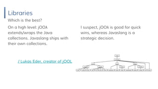 Libraries
On a high level: jOOλ
extends/wraps the Java
collections. Javaslang ships with
their own collections.
/ Lukas Eder, creator of jOOL
Which is the best?
I suspect, jOOλ is good for quick
wins, whereas Javaslang is a
strategic decision.
 
