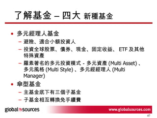 了解基金 – 四大  新種基金 多元經理人基金 避險、適合小額投資人 投資全球股票、債券、現金、固定收益、 ETF 及其他特殊資產 羅素著名的多元投資模式－多元資產 (Multi Asset) 、多元風格 (Multi Style) 、多元經經理人 (Multi Manager) 傘型基金 主基金底下有三個子基金 子基金相互轉換免手續費 