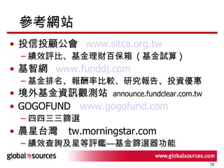 參考網站 投信投顧公會  www.sitca.org.tw   績效評比、基金理財百保箱  ( 基金試算 ) 基智網  www.funddj.com 基金排名、報酬率比較、研究報告、投資優惠 境外基金資訊觀測站  announce.fundclear.com.tw  GOGOFUND  www.gogofund.com 四四三三篩選 晨星台灣  tw.morningstar.com  績效查詢及星等評鑑—基金篩選器功能 