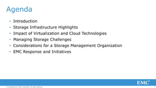 Agenda
• Introduction
• Storage Infrastructure Highlights
• Impact of Virtualization and Cloud Technologies
• Managing Sto...