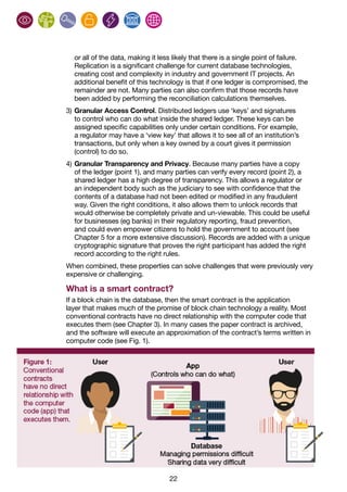 22
or all of the data, making it less likely that there is a single point of failure.
Replication is a significant challenge for current database technologies,
creating cost and complexity in industry and government IT projects. An
additional benefit of this technology is that if one ledger is compromised, the
remainder are not. Many parties can also confirm that those records have
been added by performing the reconciliation calculations themselves.
3)	Granular Access Control. Distributed ledgers use ‘keys’ and signatures
to control who can do what inside the shared ledger. These keys can be
assigned specific capabilities only under certain conditions. For example,
a regulator may have a ‘view key’ that allows it to see all of an institution’s
transactions, but only when a key owned by a court gives it permission
(control) to do so.
4)	Granular Transparency and Privacy. Because many parties have a copy
of the ledger (point 1), and many parties can verify every record (point 2), a
shared ledger has a high degree of transparency. This allows a regulator or
an independent body such as the judiciary to see with confidence that the
contents of a database had not been edited or modified in any fraudulent
way. Given the right conditions, it also allows them to unlock records that
would otherwise be completely private and un-viewable. This could be useful
for businesses (eg banks) in their regulatory reporting, fraud prevention,
and could even empower citizens to hold the government to account (see
Chapter 5 for a more extensive discussion). Records are added with a unique
cryptographic signature that proves the right participant has added the right
record according to the right rules.
When combined, these properties can solve challenges that were previously very
expensive or challenging.
What is a smart contract?
If a block chain is the database, then the smart contract is the application
layer that makes much of the promise of block chain technology a reality. Most
conventional contracts have no direct relationship with the computer code that
executes them (see Chapter 3). In many cases the paper contract is archived,
and the software will execute an approximation of the contract’s terms written in
computer code (see Fig. 1).
 