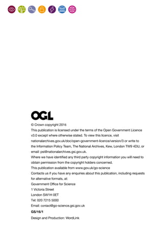 © Crown copyright 2016
This publication is licensed under the terms of the Open Government Licence
v3.0 except where otherwise stated. To view this licence, visit
nationalarchives.gov.uk/doc/open-government-licence/version/3 or write to
the Information Policy Team, The National Archives, Kew, London TW9 4DU, or
email: psi@nationalarchives.gsi.gov.uk.
Where we have identified any third party copyright information you will need to
obtain permission from the copyright holders concerned.
This publication available from www.gov.uk/go-science
Contacts us if you have any enquiries about this publication, including requests
for alternative formats, at:
Government Office for Science
1 Victoria Street
London SW1H 0ET
Tel: 020 7215 5000
Email: contact@go-science.gsi.gov.uk
GS/16/1
Design and Production: WordLink
 