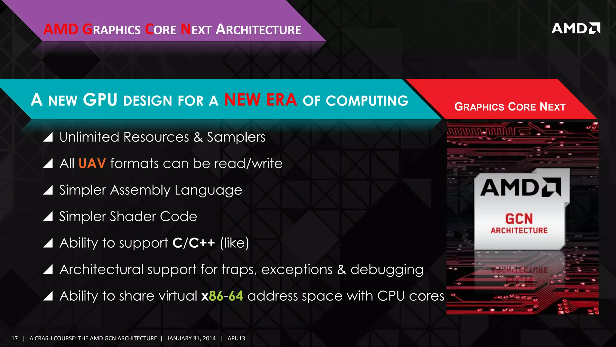 AMD GRAPHICS CORE NEXT ARCHITECTURE

A NEW GPU DESIGN FOR A NEW ERA OF COMPUTING
 Unlimited Resources & Samplers
 All UAV formats can be read/write

 Simpler Assembly Language
 Simpler Shader Code
 Ability to support C/C++ (like)

 Architectural support for traps, exceptions & debugging
 Ability to share virtual x86-64 address space with CPU cores
17 | A CRASH COURSE: THE AMD GCN ARCHITECTURE | JANUARY 31, 2014 | APU13

GRAPHICS CORE NEXT

 