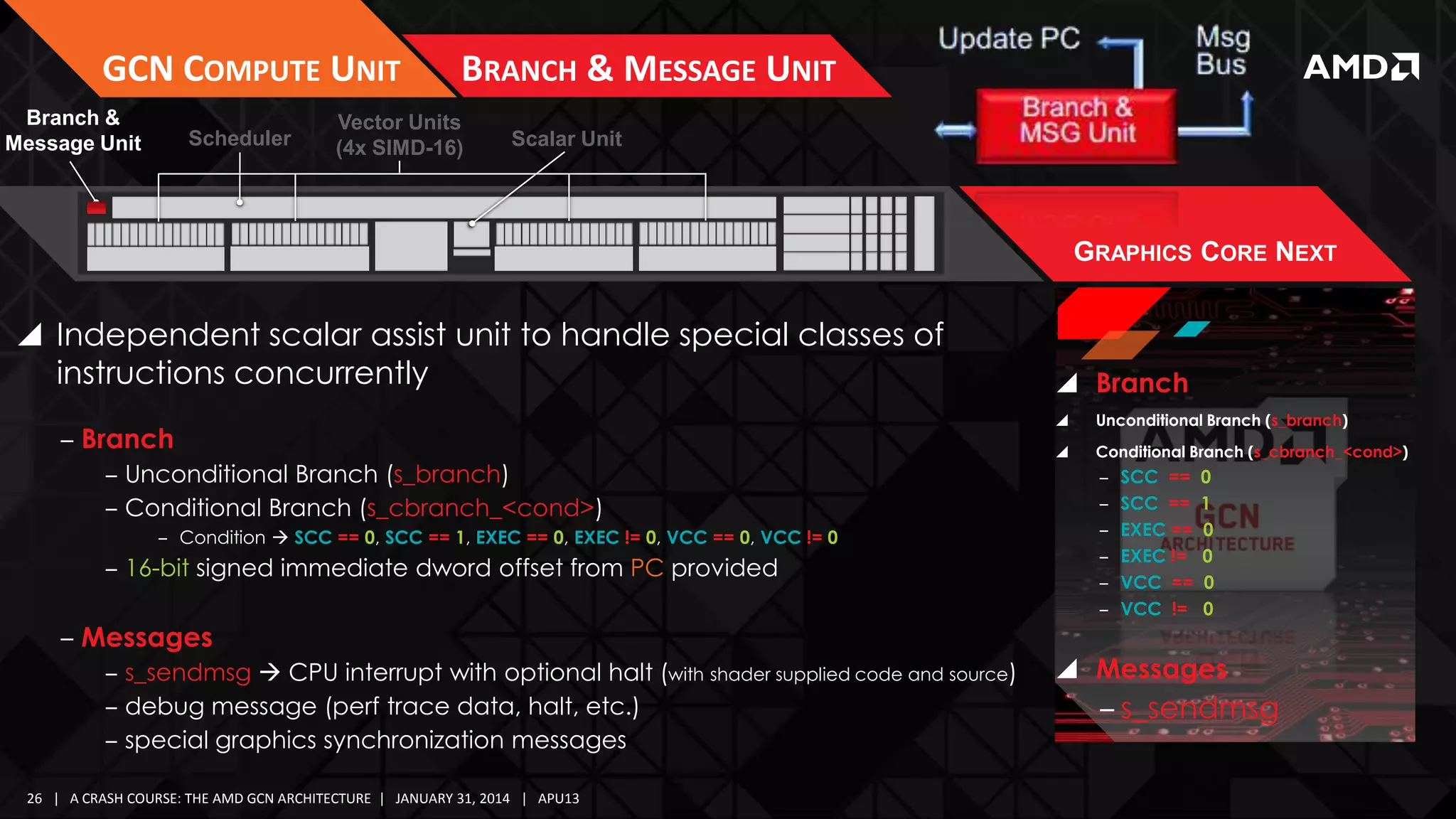 GCN COMPUTE UNIT
Branch &
Message Unit

Scheduler

BRANCH & MESSAGE UNIT

Vector Units
(4x SIMD-16)

Scalar Unit

GRAPHICS CORE NEXT

 Independent scalar assist unit to handle special classes of
instructions concurrently
‒ Branch
‒ Unconditional Branch (s_branch)
‒ Conditional Branch (s_cbranch_<cond>)
‒ Condition  SCC == 0, SCC == 1, EXEC == 0, EXEC != 0, VCC == 0, VCC != 0

‒ 16-bit signed immediate dword offset from PC provided

‒ Messages
‒ s_sendmsg  CPU interrupt with optional halt (with shader supplied code and source)
‒ debug message (perf trace data, halt, etc.)
‒ special graphics synchronization messages
26 | A CRASH COURSE: THE AMD GCN ARCHITECTURE | JANUARY 31, 2014 | APU13

 Branch


Unconditional Branch (s_branch)



Conditional Branch (s_cbranch_<cond>)

‒
‒
‒
‒
‒
‒

SCC ==
SCC ==
EXEC ==
EXEC !=
VCC ==
VCC !=

0
1
0
0
0
0

 Messages

‒ s_sendmsg

 
