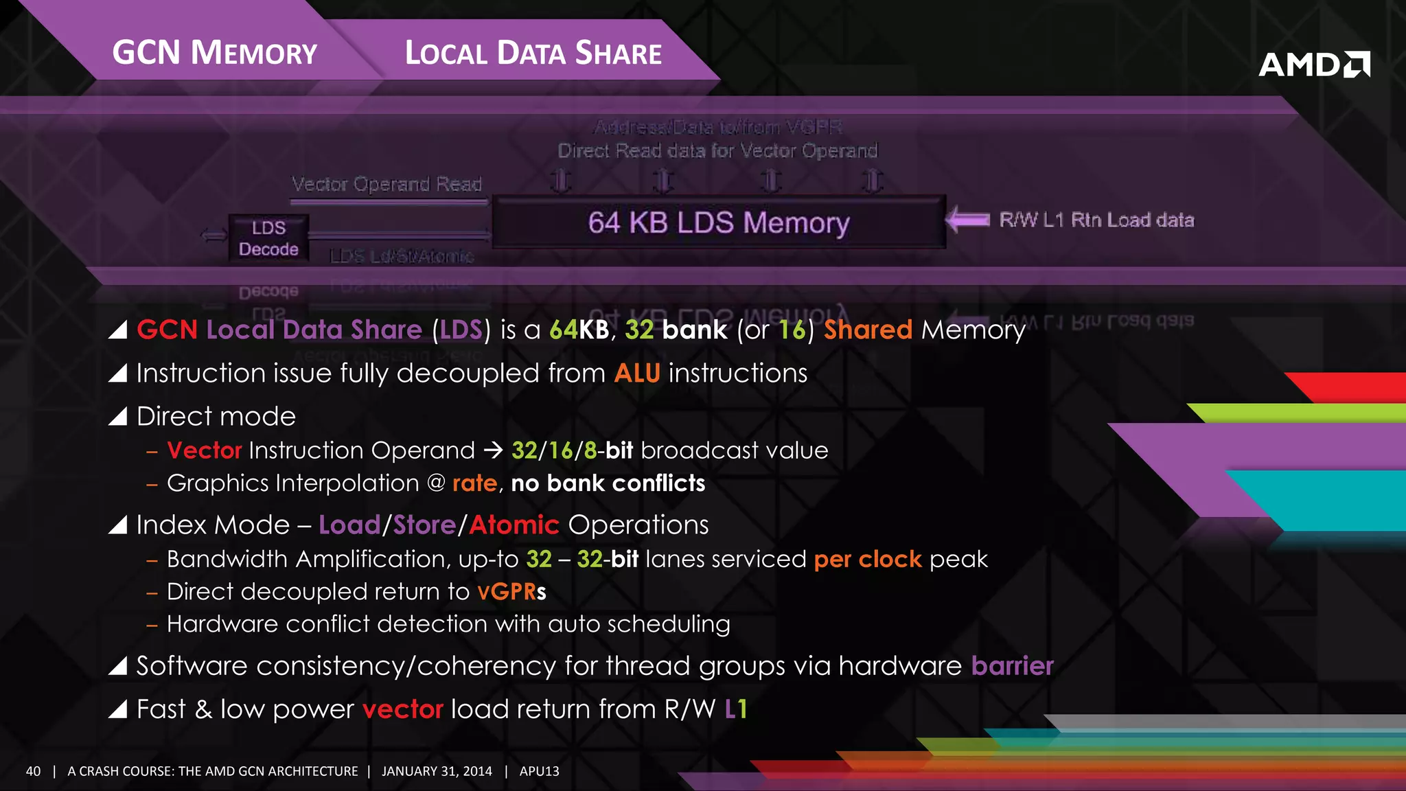 GCN MEMORY

LOCAL DATA SHARE

 GCN Local Data Share (LDS) is a 64KB, 32 bank (or 16) Shared Memory
 Instruction issue fully decoupled from ALU instructions
 Direct mode
‒ Vector Instruction Operand  32/16/8-bit broadcast value
‒ Graphics Interpolation @ rate, no bank conflicts

 Index Mode – Load/Store/Atomic Operations
‒ Bandwidth Amplification, up-to 32 – 32-bit lanes serviced per clock peak
‒ Direct decoupled return to VGPRs
‒ Hardware conflict detection with auto scheduling

 Software consistency/coherency for thread groups via hardware barrier
 Fast & low power vector load return from R/W L1
40 | A CRASH COURSE: THE AMD GCN ARCHITECTURE | JANUARY 31, 2014 | APU13

 