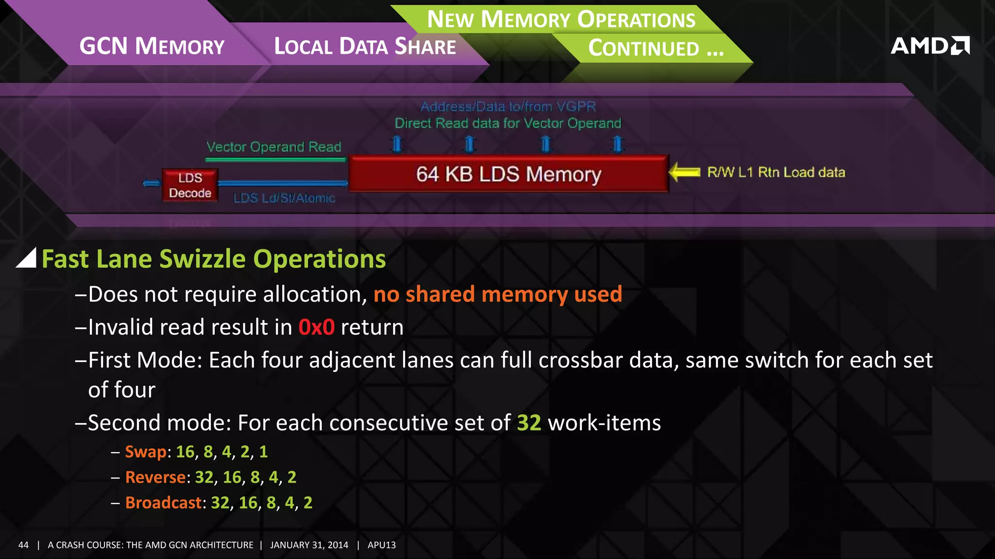 GCN MEMORY

NEW MEMORY OPERATIONS
LOCAL DATA SHARE
CONTINUED …

Fast Lane Swizzle Operations
‒Does not require allocation, no shared memory used
‒Invalid read result in 0x0 return
‒First Mode: Each four adjacent lanes can full crossbar data, same switch for each set
of four
‒Second mode: For each consecutive set of 32 work-items
‒ Swap: 16, 8, 4, 2, 1
‒ Reverse: 32, 16, 8, 4, 2
‒ Broadcast: 32, 16, 8, 4, 2
44 | A CRASH COURSE: THE AMD GCN ARCHITECTURE | JANUARY 31, 2014 | APU13

 