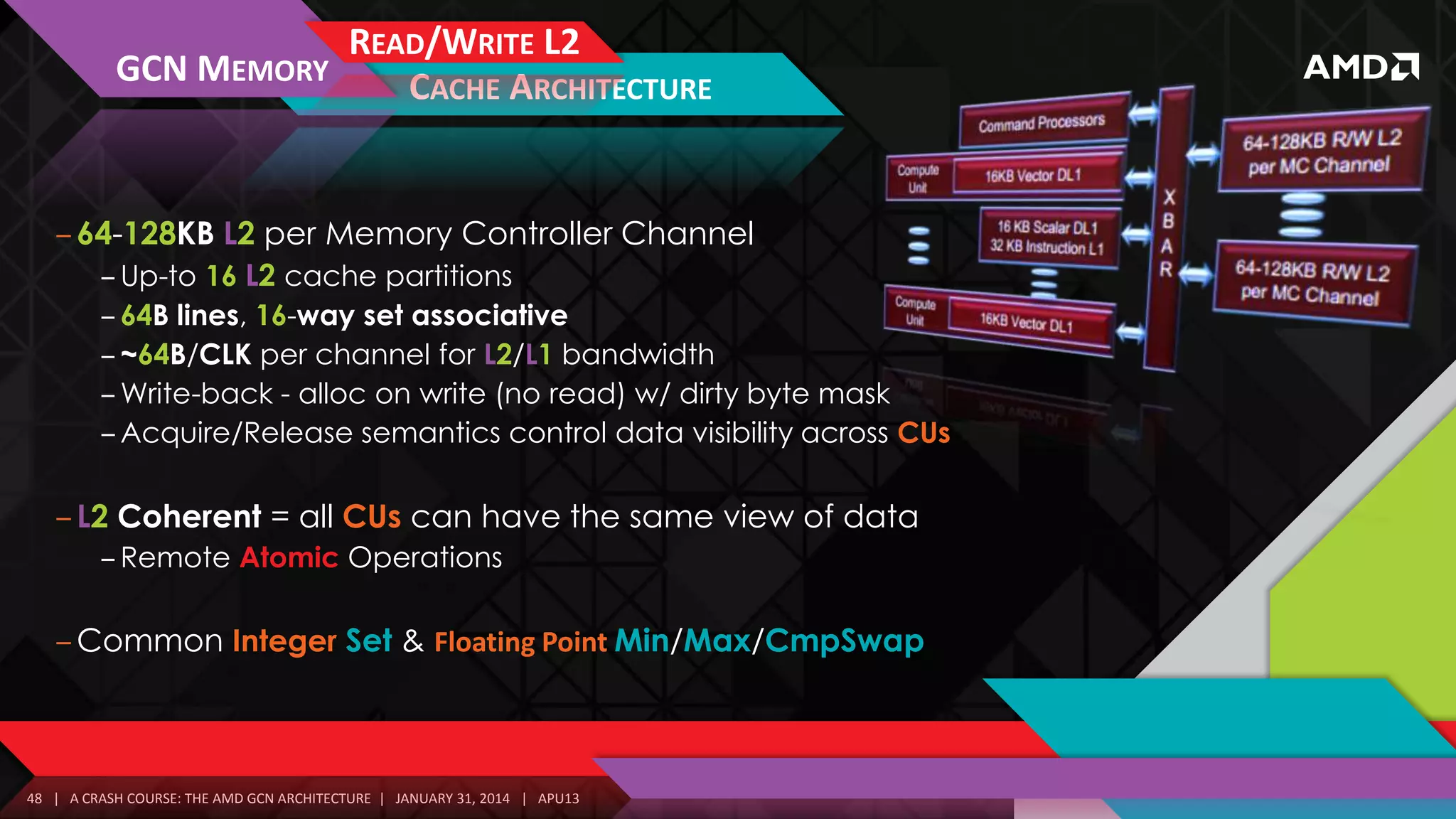 GCN MEMORY

READ/WRITE L2
CACHE ARCHITECTURE

‒ 64-128KB L2 per Memory Controller Channel
‒ Up-to 16 L2 cache partitions
‒ 64B lines, 16-way set associative
‒ ~64B/CLK per channel for L2/L1 bandwidth
‒ Write-back - alloc on write (no read) w/ dirty byte mask
‒ Acquire/Release semantics control data visibility across CUs

‒ L2 Coherent = all CUs can have the same view of data
‒ Remote Atomic Operations

‒ Common Integer Set & Floating Point Min/Max/CmpSwap

48 | A CRASH COURSE: THE AMD GCN ARCHITECTURE | JANUARY 31, 2014 | APU13

 