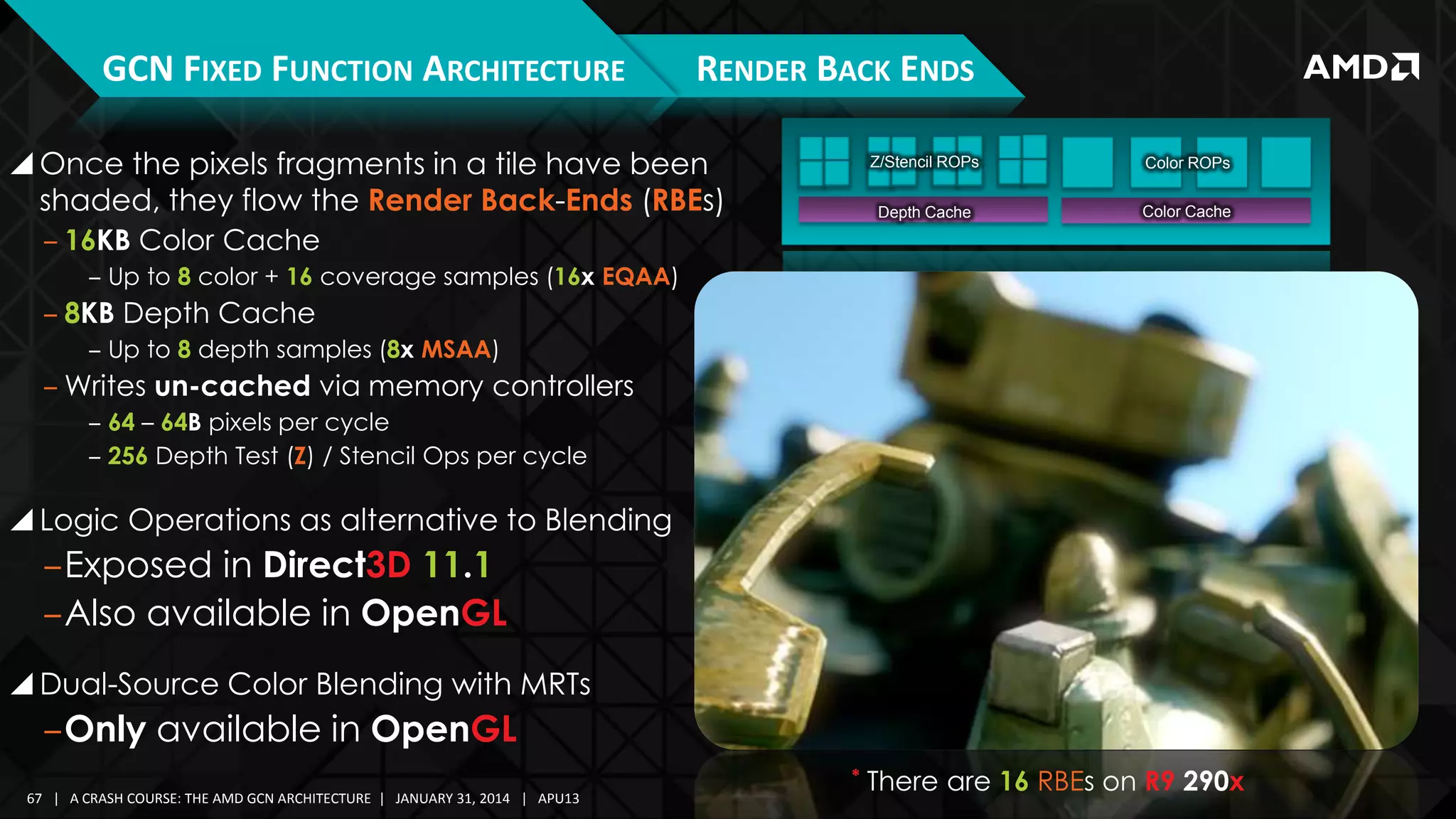 GCN FIXED FUNCTION ARCHITECTURE

RENDER BACK ENDS

 Once the pixels fragments in a tile have been
shaded, they flow the Render Back-Ends (RBEs)

Z/Stencil ROPs

Color ROPs

Depth Cache

Color Cache

‒ 16KB Color Cache
‒ Up to 8 color + 16 coverage samples (16x EQAA)

‒ 8KB Depth Cache
‒ Up to 8 depth samples (8x MSAA)

‒ Writes un-cached via memory controllers
‒ 64 – 64B pixels per cycle
‒ 256 Depth Test (Z) / Stencil Ops per cycle

 Logic Operations as alternative to Blending

‒Exposed in Direct3D 11.1
‒Also available in OpenGL
 Dual-Source Color Blending with MRTs

‒Only available in OpenGL
*
67 | A CRASH COURSE: THE AMD GCN ARCHITECTURE | JANUARY 31, 2014 | APU13

There are 16 RBEs on R9 290x

 