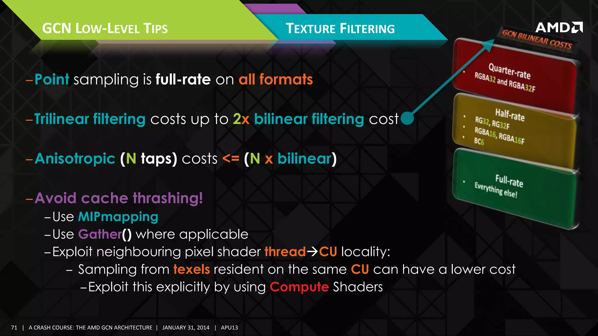 GCN LOW-LEVEL TIPS

TEXTURE FILTERING

‒Point sampling is full-rate on all formats
‒Trilinear filtering costs up to 2x bilinear filtering cost
‒Anisotropic (N taps) costs <= (N x bilinear)
‒Avoid cache thrashing!
‒Use MIPmapping
‒Use Gather() where applicable
‒Exploit neighbouring pixel shader threadCU locality:
‒ Sampling from texels resident on the same CU can have a lower cost
‒Exploit this explicitly by using Compute Shaders
71 | A CRASH COURSE: THE AMD GCN ARCHITECTURE | JANUARY 31, 2014 | APU13

 