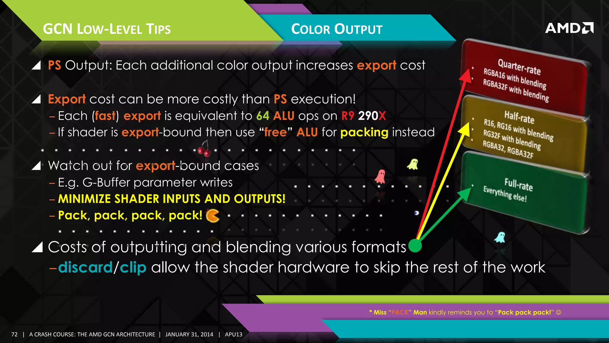 GCN LOW-LEVEL TIPS

COLOR OUTPUT

 PS Output: Each additional color output increases export cost
 Export cost can be more costly than PS execution!
‒ Each (fast) export is equivalent to 64 ALU ops on R9 290X
‒ If shader is export-bound then use “free” ALU for packing instead

 Watch out for export-bound cases
‒ E.g. G-Buffer parameter writes
‒ MINIMIZE SHADER INPUTS AND OUTPUTS!
‒ Pack, pack, pack, pack!

 Costs of outputting and blending various formats
‒discard/clip allow the shader hardware to skip the rest of the work
* Miss “PACK” Man kindly reminds you to “Pack pack pack!” 

72 | A CRASH COURSE: THE AMD GCN ARCHITECTURE | JANUARY 31, 2014 | APU13

 