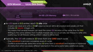 GCN MEMORY

CONTINUED …
LOCAL DATA SHARE

 An LDS bank is 512 entries, each 32-bits wide
‒ A bank can read and write a 32...