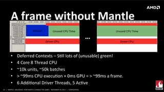 A	
  frame	
  without	
  Mantle	
  
Nitrous	
  

Unused	
  CPU	
  Time	
  
Driver	
  CPU	
  

• 
• 
• 
• 
• 

…	
  

Unused	
  CPU	
  Time	
  
Driver	
  CPU	
  

Deferred	
  Contexts	
  –	
  SXll	
  lots	
  of	
  (unusable)	
  green!	
  
4	
  Core	
  8	
  Thread	
  CPU	
  
~10k	
  units,	
  ~50k	
  batches	
  
>	
  ~99ms	
  CPU	
  execuXon	
  +	
  0ms	
  GPU	
  =	
  >	
  ~99ms	
  a	
  frame.	
  
6	
  AddiXonal	
  Driver	
  Threads,	
  5	
  AcXve	
  

10	
   |	
  	
  	
  MANTLE	
  	
  UNLEASHED:	
  HOW	
  MANTLE	
  CHANGES	
  THE	
  GAME|	
  	
  	
  NOVEMBER	
  19,	
  2013	
  	
  	
  |	
  	
  	
  CONFIDENTIAL	
  

 