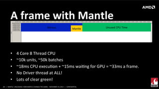 A	
  frame	
  with	
  Mantle	
  
Nitrous	
  

• 
• 
• 
• 
• 

Mantle	
  

Unused	
  CPU	
  Time	
  

4	
  Core	
  8	
  Thread	
  CPU	
  
~10k	
  units,	
  ~50k	
  batches	
  
~18ms	
  CPU	
  execuXon	
  +	
  ~15ms	
  waiXng	
  for	
  GPU	
  =	
  ~33ms	
  a	
  frame.	
  
No	
  Driver	
  thread	
  at	
  ALL!	
  
Lots	
  of	
  clear	
  green!	
  

28	
   |	
  	
  	
  MANTLE	
  	
  UNLEASHED:	
  HOW	
  MANTLE	
  CHANGES	
  THE	
  GAME|	
  	
  	
  NOVEMBER	
  19,	
  2013	
  	
  	
  |	
  	
  	
  CONFIDENTIAL	
  

 