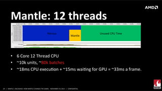 Mantle:	
  12	
  threads	
  
Nitrous	
  

Mantle	
  

Unused	
  CPU	
  Time	
  

•  6	
  Core	
  12	
  Thread	
  CPU	
  
•  ~10k	
  units,	
  ~80k	
  batches	
  
•  ~18ms	
  CPU	
  execuXon	
  +	
  ~15ms	
  waiXng	
  for	
  GPU	
  =	
  ~33ms	
  a	
  frame.	
  

29	
   |	
  	
  	
  MANTLE	
  	
  UNLEASHED:	
  HOW	
  MANTLE	
  CHANGES	
  THE	
  GAME|	
  	
  	
  NOVEMBER	
  19,	
  2013	
  	
  	
  |	
  	
  	
  CONFIDENTIAL	
  

 