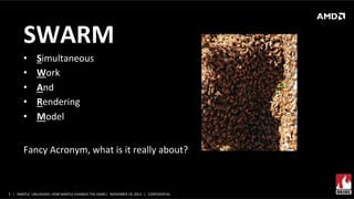 SWARM	
  
• 
• 
• 
• 
• 

Simultaneous	
  
Work	
  
And	
  
Rendering	
  
Model	
  

Fancy	
  Acronym,	
  what	
  is	
  it	
  really	
  about?	
  

5	
   |	
  	
  	
  MANTLE	
  	
  UNLEASHED:	
  HOW	
  MANTLE	
  CHANGES	
  THE	
  GAME|	
  	
  	
  NOVEMBER	
  19,	
  2013	
  	
  	
  |	
  	
  	
  CONFIDENTIAL	
  

 