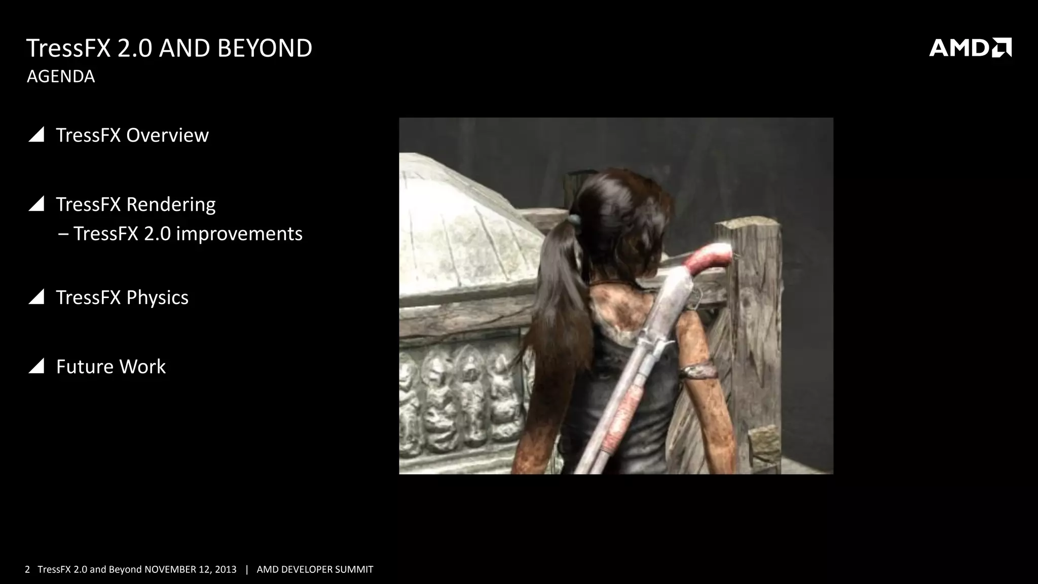 TressFX 2.0 AND BEYOND
AGENDA

 TressFX Overview
 TressFX Rendering
‒ TressFX 2.0 improvements

 TressFX Physics
 Future Work

2 TressFX 2.0 and Beyond NOVEMBER 12, 2013 | AMD DEVELOPER SUMMIT

 