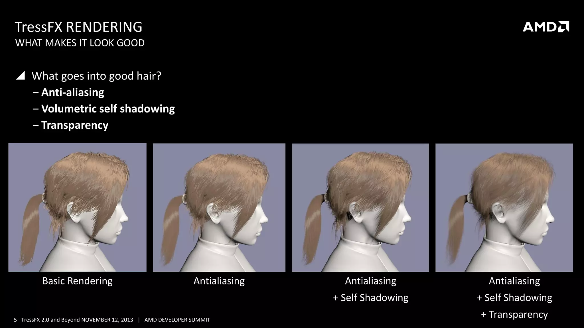 TressFX RENDERING
WHAT MAKES IT LOOK GOOD

 What goes into good hair?
‒ Anti-aliasing
‒ Volumetric self shadowing
‒ Transparency

Basic Rendering

Antialiasing

Antialiasing

+ Self Shadowing
5 TressFX 2.0 and Beyond NOVEMBER 12, 2013 | AMD DEVELOPER SUMMIT

Antialiasing

+ Self Shadowing
+ Transparency

 