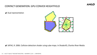 CONTACT GENERATION: GPU CONVEX HEIGHTFIELD
 Dual representation

 SATHE, R. 2006. Collision detection shader using cube-maps. In ShaderX5, Charles River Media

35 | BULLET 3 OpenCL™ RIGID BODY SIMULATION | NOVEMBER 21, 2013 | CONFIDENTIAL

 