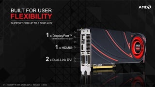 BUILT FOR USER

FLEXIBILITY
SUPPORT FOR UP TO 6 DISPLAYS1

1 x DisplayPort™

with Multi-Stream Transport

1 x HDMI®
2 x Dual-Link DVI

27	
   |	
  	
  	
  RADEON™	
  R9-­‐290X,	
  ONE	
  BIG	
  DGPU	
  |	
  	
  	
  NOV	
  2013	
  	
  	
  |	
  	
  	
  APU13	
  

 