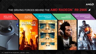 THE DRIVING FORCES BEHIND THE AMD
NEW GAME
CONSOLES

ULTRAHD
DISPLAYS

35	
   |	
  	
  	
  RADEON™	
  R9-­‐290X,	
  ONE	
  BIG	
  DGPU	
  |	
  	
  	
  NOV	
  2013	
  	
  	
  |	
  	
  	
  APU13	
  

MULTI-MONITOR
GAMING

RADEON R9 290X
™

AUDIO
IMMERSION

NEXT GENERATION
GAMES

 