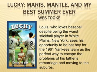 LUCKY: MARIS, MANTLE, AND MY
     BEST SUMMER EVER
          WES TOOKE

          Louis, who loves baseball
          despite being the worst
          stickball player in White
          Plains, New York, sees his
          opportunity to be bat boy for
          the 1961 Yankees team as the
          perfect way to escape the
          problems of his father's
          remarriage and moving to the
          suburbs.
 
