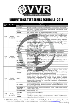 UNLIMITED GS TEST SERIES SCHEDULE - 2013
Test                                                                   Syllabus
          Day / Date
No.                          Subject                                               Topics
                         Geography           Physical Geography: Geomorphology, Climatology, Oceanography, Biogeography.
                                             Indus Valley Civilization, Mahajanapads, Maurayan and Post Maurayan Period,
                         History
                                             Classical Art and Culture of India.
                         Economy             Basic Economy, Money and Banking, Capital Market, Inflation.
                                             The Historical background, The Making of the Constitution, Outstanding features of
                                             our Constitution, Nature of the Federal System, Territory of the Union, Citizenship,
 GST        Sunday       Polity
                                             Fundamental Rights and Fundamental Duties, Directive Principles of State Policy,
  1       30-12-2012                         Procedure for Amendment.
                                             Space Science and Tech. and General Principles of Mechanical Physics in Relation
                         Sci. & Tech.        to Space Science and Technology, Nuclear Science and Technology, General
                                             Principles of Nuclear Chemistry in Relation to Nuclear Science and Tech.
                         Environment &       Ecosystem – Management and Conservation, Environmental Degradation,
                         Ecology etc.        Pollution, Conservation, Principles of Ecology.
                         Current Affairs     January to March 2012
                         Geography           Geography of India (Physical)
                         History             Gupta Era, Early Medieval India, Cultural Transitions in India, Delhi Sultanat.
                         Economy             Fiscal System, Social Development (Poverty, Unemployment, Demography).
                                             The Union Executive, The President and the Vice-President, Powers and Duties of
                                             the President, The Council of Ministers, The President in Relation to his Council or
 GST        Sunday       Polity
                                             Ministers, The Attorney General for India, The comptroller and Auditor General of
  2       13-01-2013                         India, The Union Legislature.
                                             Telecommunications and IT, Principles of Electromagnetic with Respect to IT and
                         Sci. & Tech.
                                             Telecommunications, Nanotechnology-Nanofood, Nanocomputer, Nanofibres.
                         Environment &       Biodiversity of India.
                         Ecology etc.        Distribution of Flora and Fauna and their Conservation.
                         Current Affairs     April to June 2012
                         Geography           Geography of India (Political).
                                             Vijayanagara Empire, Arrival of the Mughals, Sur Empire, Bhakti and Sufi
                         History
                                             Movement, European Penetration, British Expansion Till 1856.
                                             Planning in India, Concepts of Economic Development, Oil, Gas and Energy,
                         Economy
                                             Agricultural and Industrial Sector, Sustainable Development.
                                             The State Executive, The General Structure, Governor, The Council of Ministers,
                                             Advocate General, The State Legislature, The State of Jammu & Kashmir,
                                             Administration of Union Territories and Acquired, The New System of Panchayats
 GST        Sunday       Polity
                                             and Municipalities, Panchayats, Municipalities and Planning Committees,
  3       20-01-2013
                                             Administration of Scheduled and Tribal Areas, Organization of the Judiciary in
                                             General, The Supreme Court.
                                             Biotechnology and Medical Aspects of Science and Technology, Defence Science
                         Sci. & Tech.        and Technology and Indian Defence Programme, Technologies Related to Energy
                                             Generation and Conservation.
                         Environment &       Global Climate Change, Impacts of Pollution on Climate Change, Indian Initiatives
                         Ecology etc.        Against Climate Change.
                         Current Affairs     July to September 2012
                         Geography           Economic and World Geography.
 GST        Sunday       History             1857-1947
  4       27-01-2013                         Social Sector Initiatives, India’s Economic Interaction with The World, Economic
                         Economy
                                             Organizations –IMF,WTO,WB Etc.

HEAD OFFICE: 25/8, Old Rajender Nagar Market, Delhi - 110060. Branch: 105-106, Top Floor, Mukherjee Tower, Mukherjee Nagar, Delhi-
    110009. Ph:. 011-45629987, 09999329111, 09999197625 || Website: www.vvrias.com || Email: vvrias@gmail.com
                                                                                                                (UPDATED: 05-03-2013)
                                                                                                                                    1
 