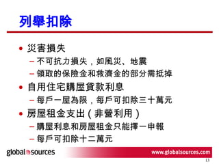 列舉扣除 災害損失 不可抗力損失，如風災、地震 領取的保險金和救濟金的部分需抵掉 自用住宅購屋貸款利息 每戶一屋為限，每戶可扣除三十萬元 房屋租金支出 ( 非營利用 ) 購屋利息和房屋租金只能擇一申報 每戶可扣除十二萬元 