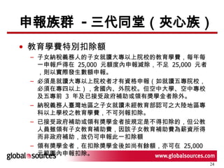 申報族群  - 三代同堂（夾心族） 教育學費特別扣除額  子女納稅義務人的子女就讀大專以上院校的教育學費，每年每一申報戶得在  25,000  元額度內申報減除，不足  25,000  元者，則以實際發生數額申報。 必須是就讀大專以上院校者才有資格申報（如就讀五專院校，必須在專四以上），含國內、外院校。但空中大學、空中專校及五專前  3  年及已接受政府補助或領有獎學金者除外。  納稅義務人臺灣地區之子女就讀未經教育部認可之大陸地區專科以上學校之教育學費，不可列報扣除。  已接受政府補助或領有獎學金者按規定是不得扣除的，但公教人員雖領有子女教育補助費，因該子女教育補助費為薪資所得而非政府補助，故仍可申報此一扣除額 領有獎學金者，在扣除獎學金後如尚有餘額，亦可在  25,000  元範圍內申報扣除。 