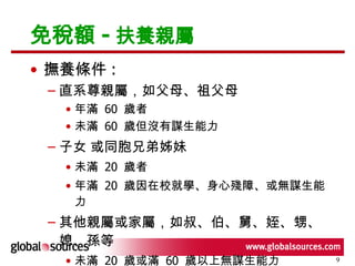 免稅額 - 扶養親屬 撫養條件 : 直系尊親屬，如父母、祖父母 年滿  60  歲者 未滿  60  歲但沒有謀生能力 子女 或同胞兄弟姊妹 未滿  20  歲者 年滿  20  歲因在校就學、身心殘障、或無謀生能力 其他親屬或家屬，如叔、伯、舅、姪、甥、媳、孫等  未滿  20  歲或滿  60  歲以上無謀生能力 