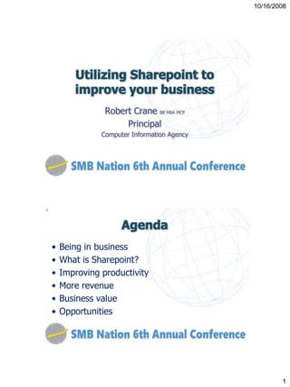 10/16/2008




2




    •   Being in business
    •   What is Sharepoint?
    •   Improving productivity
    •   More revenue
    •   Business value
    •   Opportunities




                                         1
 