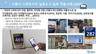 © Auto-ID Lab Korea / KAIST
Slide 46
시흥시 스마 시티 실증도시 일부 적용사례 (2020)
• 국토부 스마 시티 사업, 행안부, 지 체 사업 (시흥시 버스정류장 사물주 판 및
디지털 윈, GS1 디지털주 [GLN 코드]) [석촌호수(2019), 잠실역, 시흥, 카이스 (2020), 남촌농산물
도 시장, 강남 양 천, 부산, …(2021)]
- 863개 버스정류장 모두에 사물주소판 설치
- 사물주소에 국제표준코드 부여, 시민및기업참여형
서비스공유플랫폼 구축 (버스도착정보, 관광정보)
- 디지털트윈과 서비스공유플랫폼 연동
https://youtu.be/GDSgYp3a43s
 