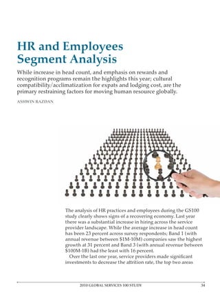 HR and Employees
Segment Analysis
While increase in head count, and emphasis on rewards and
recognition programs remain the highlights this year; cultural
compatibility/acclimatization for expats and lodging cost, are the
primary restraining factors for moving human resource globally.
ASHWIN RAZDAN




                   The analysis of HR practices and employees during the GS100
                   study clearly shows signs of a recovering economy. Last year
                   there was a substantial increase in hiring across the service
                   provider landscape. While the average increase in head count
                   has been 23 percent across survey respondents; Band 1 (with
                   annual revenue between $1M-10M) companies saw the highest
                   growth at 31 percent and Band 3 (with annual revenue between
                   $100M-1B) had the least with 16 percent.

                   investments to decrease the attrition rate, the top two areas



                         2010 GLOBAL SERVICES 100 STUDY
 