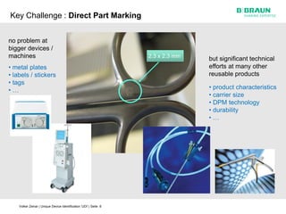 Key Challenge : Direct Part Marking


no problem at
bigger devices /
machines                                                           2.3 x 2.3 mm
                                                                                  but significant technical
• metal plates                                                                    efforts at many other
• labels / stickers                                                               reusable products
• tags
•…                                                                                • product characteristics
                                                                                  • carrier size
                                                                                  • DPM technology
                                                                                  • durability
                                                                                  •…




    Volker Zeinar | Unique Device Identification 'UDI' | Seite 8
 