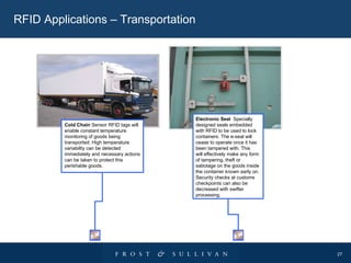 RFID Applications – Transportation  Electronic Seal  Specially designed seals embedded with RFID to be used to lock containers. The e-seal will cease to operate once it has been tampered with. This will effectively make any form of tampering, theft or sabotage on the goods inside the container known early on.  Security checks at customs checkpoints can also be  decreased with swifter  processing.  Cold Chain  Sensor RFID tags will enable constant temperature monitoring of goods being transported. High temperature variability can be detected  immediately and necessary actions can be taken to protect this perishable goods.  