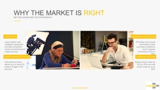 WHY THE MARKET IS RIGHTBETTER IAMGES BETTER EXPERIENCE
www.snap36.com
CONSISTENCY
MORE PRODUCTS IN LESS TIME
Laser system and
intelligent equipment
provides consistent
product positioning and
angle accuracy
Automated process allows
you to shoot 24 product
images in 90 seconds.
REDUCED RETURN RATE
Providing more visual
information builds
purchase confidence and
increases conversions
30% to 40%
Reduce return rates by
25% to 45% and call
center costs by up to 50%
INCREASE CONVERSION RATE
 