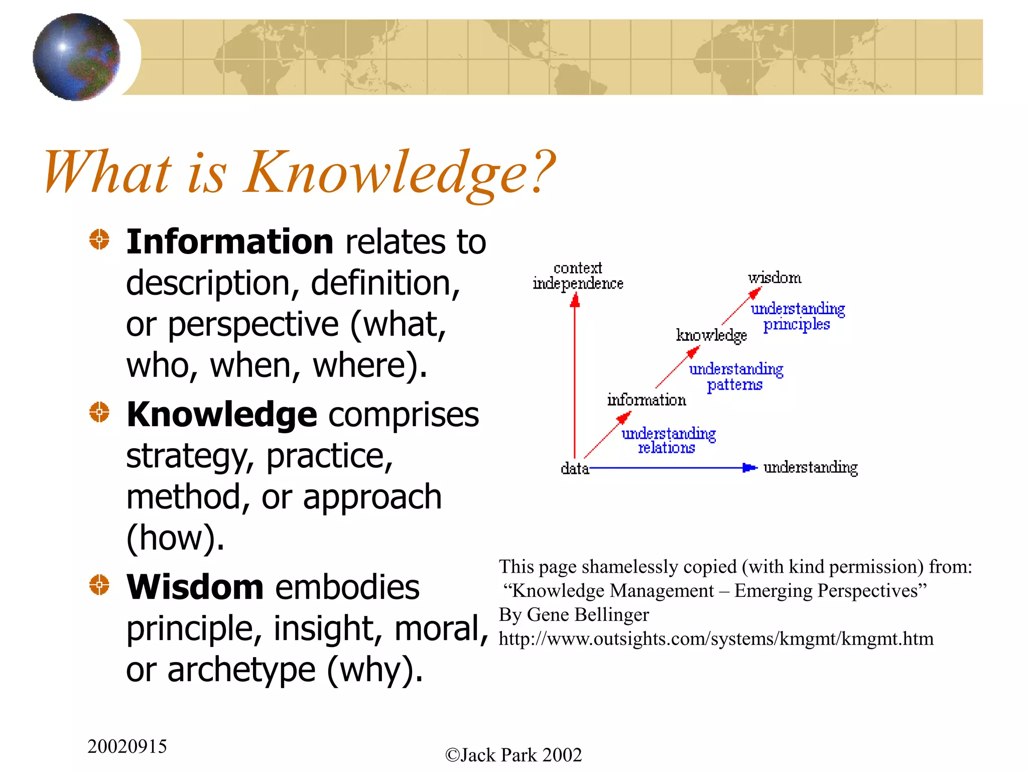 What is Knowledge?
    Information relates to
    description, definition,
    or perspective (what,
    who, when, where).
    Knowledge comprises
    strategy, practice,
    method, or approach
    (how).
                               This page shamelessly copied (with kind permission) from:
    Wisdom embodies            “Knowledge Management – Emerging Perspectives”

    principle, insight, moral, http://www.outsights.com/systems/kmgmt/kmgmt.htm
                               By Gene Bellinger


    or archetype (why).

 20020915                          ©Jack Park 2002
 