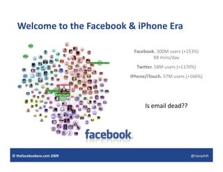 Welcome to the Facebook & iPhone Era

                             Facebook. 300M users (+153%)       
                                                  (     )
                                     8B mins/day
                              Twitter. 58M users (+1170%)
                            iPhone/iTouch. 57M users (+166%)
                            iPh   /iT h 57M          ( 166%)




                                  Is email dead??




© thefacebookera.com 2009                               @clarashih
 