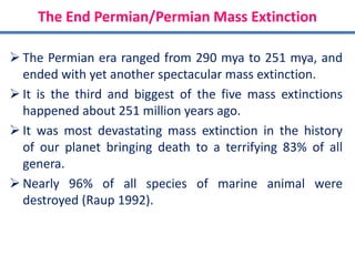 The End Permian/Permian Mass Extinction
 The Permian era ranged from 290 mya to 251 mya, and
ended with yet another spectacular mass extinction.
 It is the third and biggest of the five mass extinctions
happened about 251 million years ago.
 It was most devastating mass extinction in the history
of our planet bringing death to a terrifying 83% of all
genera.
 Nearly 96% of all species of marine animal were
destroyed (Raup 1992).
 