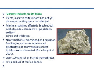  Victims/Impacts on life forms
 Plants, insects and tetrapods had not yet
developed so they were not affected.
 Marine organisms affected: brachiopods,
cephalopods, echinoderms, graptolites,
solitary
corals and trilobites.
 Nearly half of all brachiopod and bryozoan
families, as well as conodonts and
graptolites and many species of reef
builders were eliminated (Brenchley et al.
2001).
 Over 100 families of marine invertebrates
 It wiped 60% of marine genera.

 