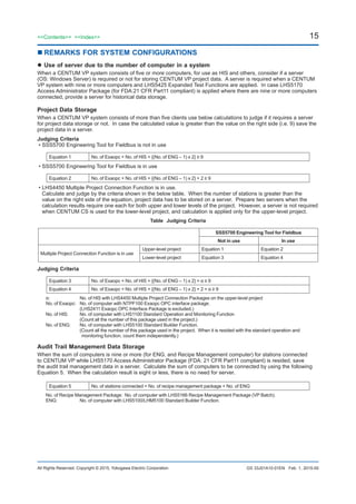 15<<Contents>> <<Index>>
All Rights Reserved. Copyright © 2015, Yokogawa Electric Corporation GS 33J01A10-01EN
n	REMARKS FOR SYSTEM CONFIGURATIONS
	Use of server due to the number of computer in a system
When a CENTUM VP system consists of five or more computers, for use as HIS and others, consider if a server
(OS: Windows Server) is required or not for storing CENTUM VP project data. A server is required when a CENTUM
VP system with nine or more computers and LHS5425 Expanded Test Functions are applied. In case LHS5170
Access Administrator Package (for FDA:21 CFR Part11 compliant) is applied where there are nine or more computers
connected, provide a server for historical data storage.
Project Data Storage
When a CENTUM VP system consists of more than five clients use below calculations to judge if it requires a server
for project data storage or not. In case the calculated value is greater than the value on the right side (i.e. 9) save the
project data in a server.
Judging Criteria
•	SSS5700 Engineering Tool for Fieldbus is not in use
Equation 1 No. of Exaopc + No. of HIS + {(No. of ENG – 1) x 2} ≥ 9
•	SSS5700 Engineering Tool for Fieldbus is in use
Equation 2 No. of Exaopc + No. of HIS + {(No. of ENG – 1) x 2} + 2 ≥ 9
•	LHS4450 Multiple Project Connection Function is in use.
Calculate and judge by the criteria shown in the below table. When the number of stations is greater than the
value on the right side of the equation, project data has to be stored on a server. Prepare two servers when the
calculation results require one each for both upper and lower levels of the project. However, a server is not required
when CENTUM CS is used for the lower-level project, and calculation is applied only for the upper-level project.
Table Judging Criteria
SSS5700 Engineering Tool for Fieldbus
Not in use In use
Multiple Project Connection Function is in use
Upper-level project Equation 1 Equation 2
Lower-level project Equation 3 Equation 4
Judging Criteria
Equation 3 No. of Exaopc + No. of HIS + {(No. of ENG – 1) x 2} + α ≥ 9
Equation 4 No. of Exaopc + No. of HIS + {(No. of ENG – 1) x 2} + 2 + α ≥ 9
α:		 No. of HIS with LHS4450 Multiple Project Connection Packages on the upper-level project
No. of Exaopc:	 No. of computer with NTPF100 Exaopc OPC interface package.
	 (LHS2411 Exaopc OPC Interface Package is excluded.)
No. of HIS:	 No. of computer with LHS1100 Standard Operation and Monitoring Function
		 (Count all the number of this package used in the project.)
No. of ENG:	 No. of computer with LHS5100 Standard Builder Function.
	 (Count all the number of this package used in the project. When it is resided with the standard operation and
monitoring function, count them independently.)
Audit Trail Management Data Storage
When the sum of computers is nine or more (for ENG, and Recipe Management computer) for stations connected
to CENTUM VP while LHS5170 Access Administrator Package (FDA: 21 CFR Part11 compliant) is resided, save
the audit trail management data in a server. Calculate the sum of computers to be connected by using the following
Equation 5. When the calculation result is eight or less, there is no need for server.
Equation 5 No. of stations connected = No. of recipe management package + No. of ENG
No. of Recipe Management Package: No. of computer with LHS5166 Recipe Management Package (VP Batch).
ENG:		 No. of computer with LHS5100/LHM5100 Standard Builder Function.
Feb. 1, 2015-00
 