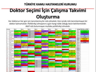 Doktor Seçimi İçin Çalışma Takvimi
Oluşturma
Her doktorun her gün için tanımlanmış bir rolü olmalıdır. Gün içinde rolü tanımlanmayan bir
doktor kalmamalıdır. Poliklinikçi olmayanın o gün hangi rolde olduğu kesin belirlenmelidir.
Aktif rolü bulunmayan mutlaka poliklinikçi olmalıdır.
EYLÜL DR 1 DR 2 DR 3 DR 4 DR 5 DR 6 DR 7 DR 8 DR 9 NÖBETROLLER
1 Pazartesi Ameliyat Poliklinik Y. İzin Meme pol Endoskopi YANIK Poliklinik Nöbet Ameliyat 1 DR 1 Ameliyat
2 Salı Meme pol Ameliyat Y. İzin Endoskopi YANIK Nöbet Ameliyat İzin Poliklinik 2 DR 2 Amelyt-Yrd
3 Çarşamba Ameliyat Endoskopi Y. İzin Nöbet Meme pol İzin Poliklinik YANIK Ameliyat 3 DR 3 Endoskopi
4 Perşembe Endoskopi Nöbet Y. İzin İzin Ameliyat Ameliyat YANIK Meme pol Poliklinik 4 DR 4 İzin
5 Cuma YANIK İzin Y. İzin Ameliyat Endoskopi Poliklinik Meme pol Ameliyat Nöbet 5 DR 5 Y. İzin
6 Cumartesi Nöbet İzin 6 DR 6 Meme pol
7 Pazar Nöbet İzin 7 DR 7 Poliklinik
8 Pazartesi Poliklinik Ameliyat Meme pol Endoskopi Ameliyat İzin Nöbet Poliklinik YANIK 8 DR 8 Nöbet
9 Salı Poliklinik Endoskopi YANIK Nöbet Poliklinik Ameliyat İzin Ameliyat Meme pol 9 DR 9 YANIK
10 Çarşamba YANIK Meme pol Ameliyat İzin Endoskopi Poliklinik Ameliyat Nöbet Poliklinik 10 DR 1
11 Perşembe Endoskopi Poliklinik Nöbet Poliklinik Meme pol Ameliyat YANIK İzin Ameliyat 11 DR 2
12 Cuma Nöbet YANIK İzin Ameliyat Endoskopi Meme pol Poliklinik Ameliyat Poliklinik 12 DR 3
13 Cumartesi İzin Nöbet 13 DR 4
14 Pazar İzin Nöbet 14 DR 5
15 Pazartesi Ameliyat Nöbet Poliklinik Meme pol Endoskopi Amelyt-Yrd Ameliyat İzin Poliklinik 15 DR 6
16 Salı Meme pol İzin Ameliyat Endoskopi Ameliyat Poliklinik Nöbet Amelyt-Yrd Poliklinik 16 DR 7
17 Çarşamba Ameliyat Endoskopi Nöbet Amelyt-Yrd Poliklinik Poliklinik İzin Meme pol Ameliyat 17 DR 8
18 Perşembe Endoskopi Ameliyat İzin Nöbet Amelyt-Yrd Meme pol Ameliyat Poliklinik Poliklinik 18 DR 9
19 Cuma Poliklinik Nöbet Amelyt-Yrd İzin Endoskopi Ameliyat Poliklinik Ameliyat Meme pol 19 DR 1
20 Cumartesi İzin Nöbet 20 DR 2
21 Pazar İzin Nöbet 21 DR 3
22 Pazartesi Poliklinik Endoskopi Ameliyat Y. İzin Ameliyat İzin Nöbet Meme pol Amelyt-Yrd 22 DR 4
23 Salı Ameliyat Ameliyat Meme pol Y. İzin Endoskopi Poliklinik İzin Amelyt-Yrd Nöbet 23 DR 5
24 Çarşamba Meme pol Endoskopi Nöbet Y. İzin Ameliyat Amelyt-Yrd Ameliyat Poliklinik İzin 24 DR 6
25 Perşembe Amelyt-Yrd Nöbet İzin Y. İzin Endoskopi Ameliyat Meme pol Ameliyat Poliklinik 25 DR 7
26 Cuma Endoskopi İzin Ameliyat Y. İzin Nöbet Meme pol Amelyt-Yrd Poliklinik Ameliyat 26 DR 8
27 Cumartesi İzin Nöbet 27 DR 9
28 Pazar Nöbet 28 DR 1
29 Pazartesi Nöbet İzin 29 DR 2
30 Salı İzin Nöbet 30 DR 3
 