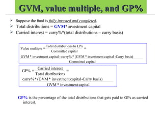 GVM, value multiple, and GP%GVM, value multiple, and GP%
 Suppose the fund is fully-invested and completed.
 Total distributions = GVM*investment capital
 Carried interest = carry%*(total distributions – carry basis)
GP% is the percentage of the total distributions that gets paid to GPs as carried
interest.
capitalCommitted
)Carry basis-capitalinvestment*(GVM*carry%-capitalinvestment*GVM
capitalCommitted
LPstoonsdistributiTotal
multipleValue ==
capitalinvestment*GVM
Carry basis)-capitalinvestment*(GVM*carry%
onsdistributiTotal
interestCarried
GP% ==
 