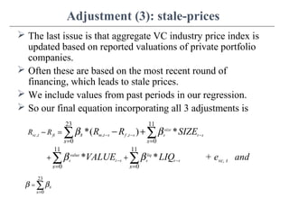 Adjustment (3): stale-prices
 The last issue is that aggregate VC industry price index is
updated based on reported valuations of private portfolio
companies.
 Often these are based on the most recent round of
financing, which leads to stale prices.
 We include values from past periods in our regression.
 So our final equation incorporating all 3 adjustments is
, , ,
23 11
0 0
11 11
0 0
*( ) *
* *
size
vc t ft m t s f t s s t s
value liq
s t s s t s
s
s s
s s
R R R R SIZE
VALUE LIQ
β β
β β
− − −
− −
= =
= =
− =
+ +
− +∑ ∑
∑ ∑
23
0
s
s
β β
=
= ∑
+ evc, t and
 