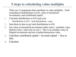 5 steps to calculating value multiples
There are 3 components that contribute to value multiples: Total
(cumulative) distributions to LPs, value of unrealized
investments, and contributed capital.
1. Calculate distributions to LPs each year.
• Distributions to LPs = total distributions - carry
1. Sum them to date to get total distributions to LPs
2. Get value of unrealized investments (after exits) = portfolio value
(before exits) - total exits in year t. This is an estimate value of
illiquid investments and not a market/transaction value.
3. Calculate contributed capital = invested capital + fees to
date.
4. Calculate
 