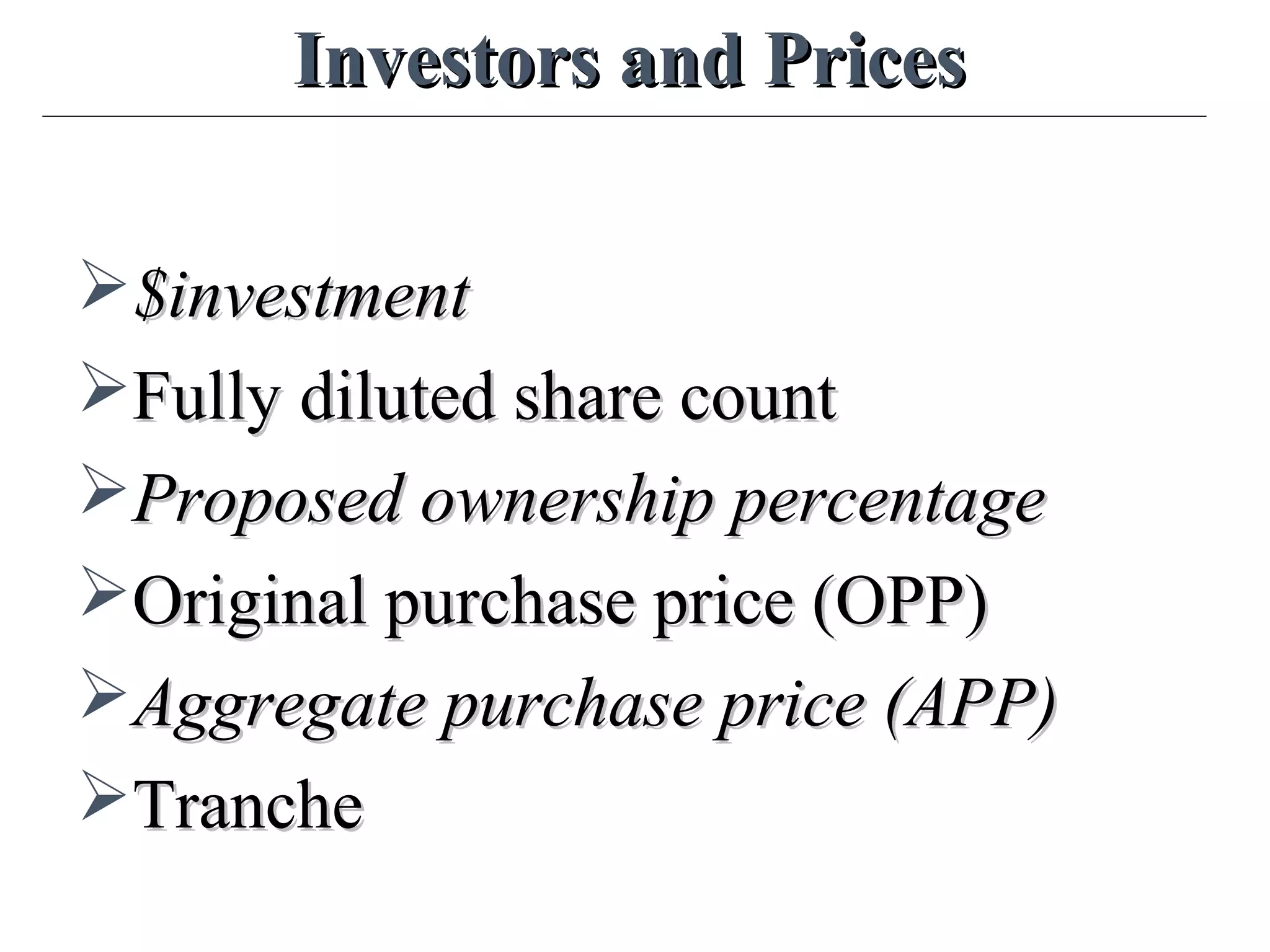Investors and PricesInvestors and Prices
$investment$investment
Fully diluted share countFully diluted share count
Proposed ownership percentageProposed ownership percentage
Original purchase price (OPP)Original purchase price (OPP)
Aggregate purchase price (APP)Aggregate purchase price (APP)
TrancheTranche
 
