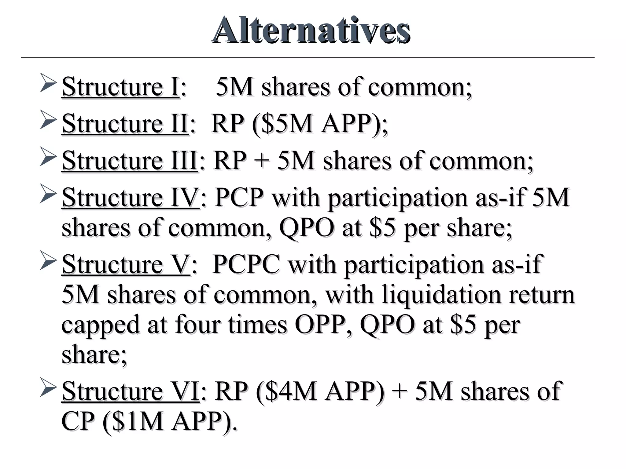 AlternativesAlternatives
Structure IStructure I: 5M shares of common;: 5M shares of common;
Structure IIStructure II: RP ($5M APP);: RP ($5M APP);
Structure IIIStructure III: RP + 5M shares of common;: RP + 5M shares of common;
Structure IVStructure IV: PCP with participation as-if 5M: PCP with participation as-if 5M
shares of common, QPO at $5 per share;shares of common, QPO at $5 per share;
Structure VStructure V: PCPC with participation as-if: PCPC with participation as-if
5M shares of common, with liquidation return5M shares of common, with liquidation return
capped at four times OPP, QPO at $5 percapped at four times OPP, QPO at $5 per
share;share;
Structure VIStructure VI: RP ($4M APP) + 5M shares of: RP ($4M APP) + 5M shares of
CP ($1M APP).CP ($1M APP).
 