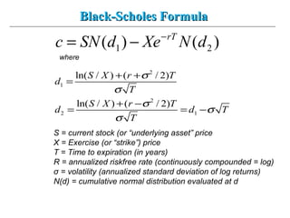 Black-Scholes FormulaBlack-Scholes Formula
1 2( ) ( )rT
c SN d Xe N d−
= −
2
1
2
2 1
ln( / ) ( / 2)
ln( / ) ( / 2)
S X r T
d
T
S X r T
d d T
T
σ
σ
σ
σ
σ
+ +
=
+ −
= = −
where
S = current stock (or “underlying asset” price
X = Exercise (or “strike”) price
T = Time to expiration (in years)
R = annualized riskfree rate (continuously compounded = log)
σ = volatility (annualized standard deviation of log returns)
N(d) = cumulative normal distribution evaluated at d
 