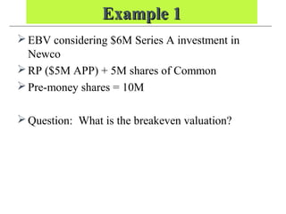 Example 1Example 1
EBV considering $6M Series A investment in
Newco
RP ($5M APP) + 5M shares of Common
Pre-money shares = 10M
Question: What is the breakeven valuation?
 