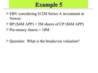 Example 5Example 5
EBV considering $12M Series A investment in
Newco
RP ($4M APP) + 5M shares of CP ($6M APP)
Pre-money shares = 10M
Question: What is the breakeven valuation?
 